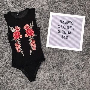Black Mesh Bodysuit with Embroidered Roses